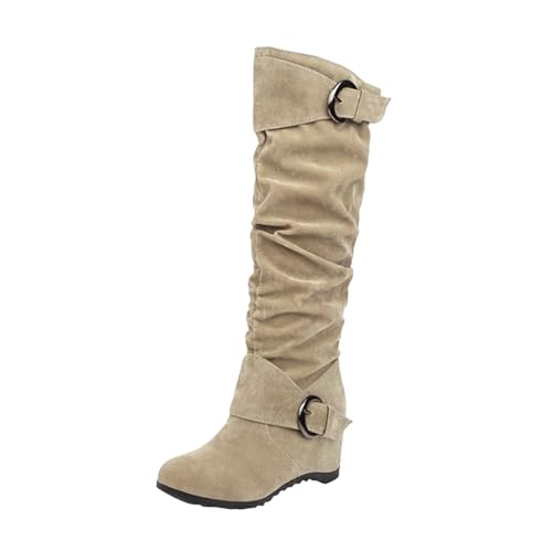 Overknees Stiefel Damen Kniehohe Hohe Stiefel Overknee Warme Elegante Rutschfeste Winterstiefel Seite Zipper Winter Langschaft Boots Halbstiefel Winterschuhe mit Blockabsatz (Beige, 37) von Generic