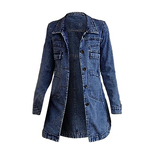 Oversize Jeansjacke Damen Lang Denim Jacke - Jeans Jacken für Damen Stretch Casual Umlegekragen Jeans Mantel Elegant Einreihig Jeansmantel Retro Langarm Übergangsjacke Trenchcoat Damen von Generic