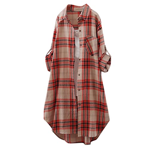 Oversize Karierte Bluse Damen Langarm, Lang Holzfällerhemd Damen V Ausschnitt, Flanellhemd Damen Große Größen Knopfleiste Herbst Leinen Hemd Longbluse Elegant Karohemd Longsleeve Frauen von Generic