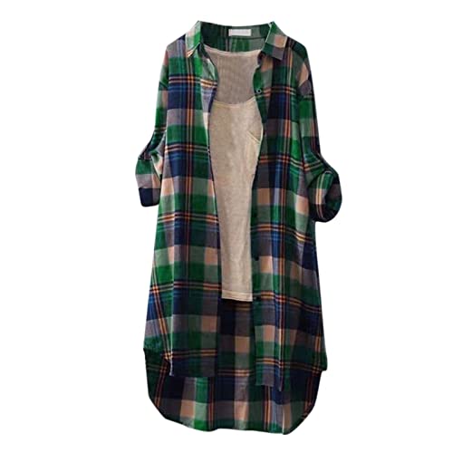 Oversize Karierte Bluse Damen Langarm- Lang Holzfällerhemd V Ausschnitt Frauen- Flanellhemd Damen Große Größen Knopfleiste Herbst Leinen Hemd Longbluse Elegant Karohemd Longsleeve von Generic