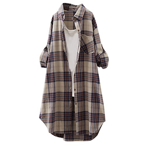 Oversize Karierte Bluse Damen Langarm- Lang Holzfällerhemd V Ausschnitt Frauen- Flanellhemd Damen Große Größen Knopfleiste Herbst Leinen Hemd Longbluse Elegant Karohemd Longsleeve von Generic