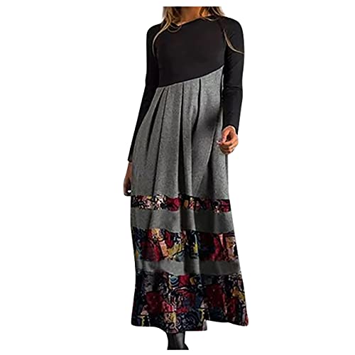 Oversize Kleid Damen Winter Tunika Damen Langarm Sweatshirt Kleid Damen&I3 Vintage Patchwork V-Ausschnitt Maxi Kleid Langarm Casual Kleid Elegant Winter Midikleid Gray XXL von Generic