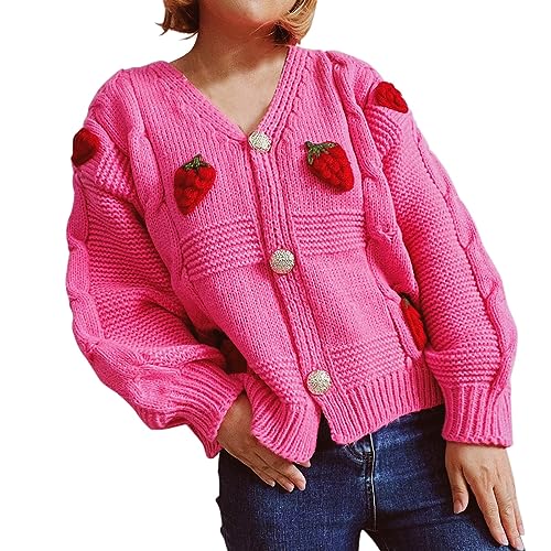 Oversize Pullover Damen Frauen Casual Lose Erdbeere Stickerei Dicken Teig Einreiher Stricken Pullover Mantel Strickjacke Softshelljacke Damen Winter (Pink, XL) von Generic