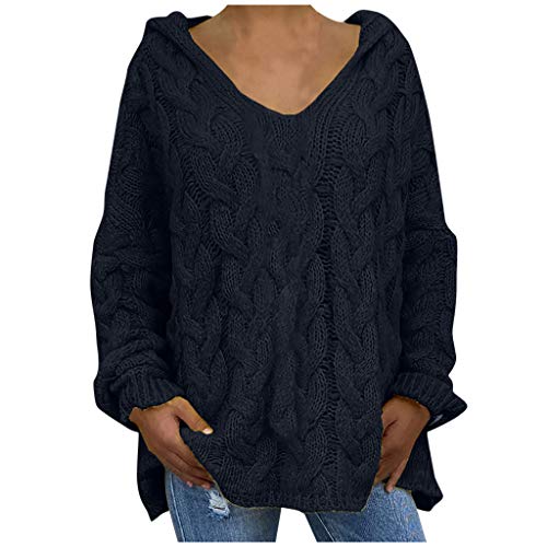 Oversize Pullover Damen Grobstrick Langarm Tops Weich Langarm Rundhals Basic Strickpullover Teddy Fleece Gestreift Hoodie Pulli Winter Warm Hoodie Schwarz XXXL von Generic