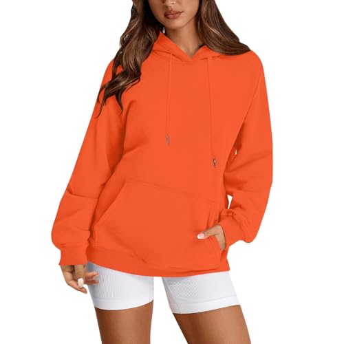 Oversize Pullover Damen Hoodie Oversize Pullover Sweatshirt Pulli Sweatjacke mit Taschen Langarmshirt Einfarbig Y2K Sportshirt Lässige Mantel M Orange von Generic