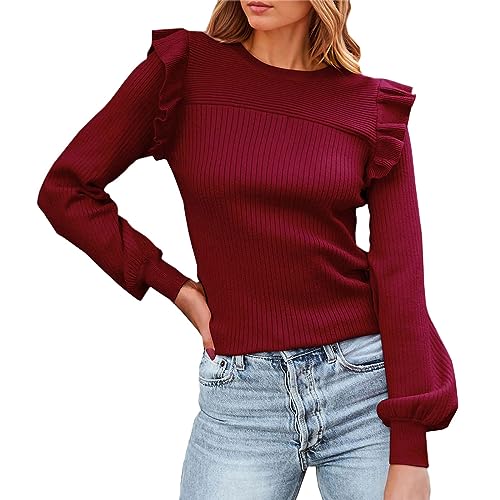 Oversize Pullover Damen Lang Tshirt Damen Langarm Damen-Pullover mit Rüschen schulterlang lange Ärmel Rundhalsausschnitt schmale Passform herbstliches Rippstrick-Top Langarmshirts Für Damen von Generic