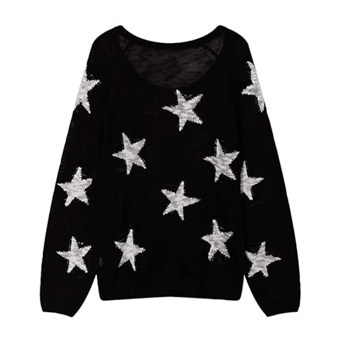 Oversize Pullover Damen Rundhals Strickpullover mit Stern Durck Fall Winter Sweatshirt Pulli Oberteile Sweater Freizeit Langarmshirt Sweatshirts ohne Kapuze Pullover für Damen von Generic