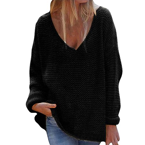Oversize Pullover Damen Strick 𝐋ang Frauen Mode V-Ausschnitt Lose Pullover Einfarbig Lange Ärmel Pullover Tops Shirt GrüN Damen (Black, XXL) von Generic
