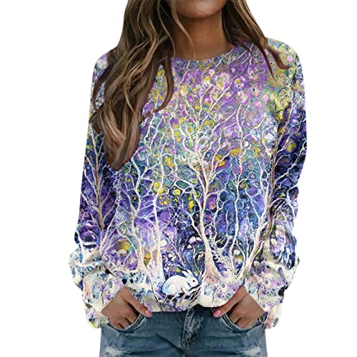 Oversize Pullover Damen Winter Damen Langarm Rundhals Sweatshirt Damen Elegant Sweatshirt Langarmshirt Bunte Drucken Pullover Herbst Winter Bluse Tops Oberteile Lose Warme Shirts von Generic