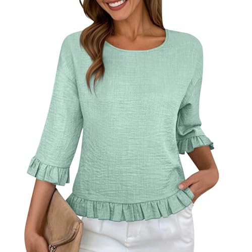 Oversize Shirt Damen Einfarbig Oberteile Elegant Rundhals 3/4 Ärmel Tshirt Leicht Rüschen Blusenshirt Modisch Lässige T-Shirt Für Strand Urlaub Oversized Bequeme Longbluse Sportshirt von Generic