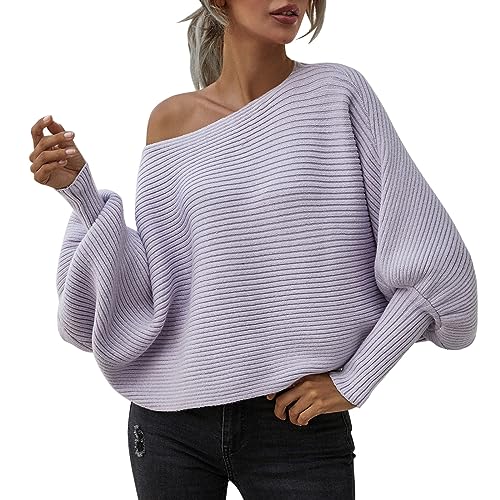 Oversize Sweatshirt Damen Winter Oberteile Damen Lässiger Strickpullover Mit Rundhalsausschnitt Und Langen Fledermausärmeln Solide Weiche Lockere Winterpullover Warm Lang Purple XL von Generic