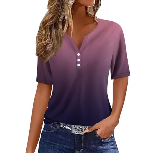 Oversized Tshirt Damen,Tshirt Damen V Ausschnitt,Blusen & Button-Down Shirts Kurzarm Henley Sommer Tops Trendy Blusen Casual Comfy Clothes Tees,Violett,3XL von Generic