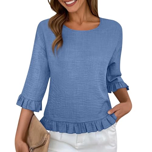 Oversized Tshirt Damen Einfarbig Oberteile Elegant Rundhals 3/4 Ärmel Leicht Rüschen Blusenshirt Modisch Lässige T-Shirt Für Strand Urlaub Bequeme Longbluse Sportshirt von Generic