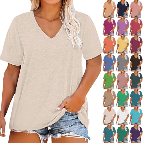 Oversized Tshirt Damen V Ausschnitt Bluse Sommer Elegant T-Shirt Einfarbig Kurzarm Tunika Lockere Shirt Übergröße Oberteile Bequeme Leichte Tops Teenager Mädchen Blusenshirt Sportshirt von Generic