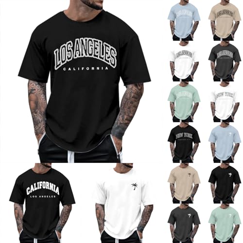 Oversized Tshirt Herren Rundhals Kurzarm Lose Sommer Oberteile Regular Fit Men Shirts T-Shirt mit Los Angeles Grafik Kreativen Buchstaben Vintage Drucken Streetwear Sport Casual Lang Tops von Generic