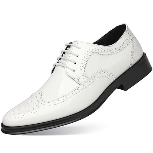 Oxford-Schuhe for Herren, Schnürschuhe, Spitze Zehenpartie, Brogue, geprägte Flügelspitze, Lackleder, Derby-Schuhe, niedriger Blockabsatz, rutschfest, Business(Weiß,41 EU) von Generic