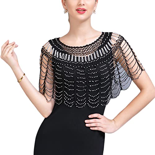 Oyrcvweuy 1920er Jahre Schal Wrap Frauen Perlen Schal Wrap Abendumhang Schal für Abendkleider Perlen Abendumhang Schal Bolero Frauen Perlen Schal Wrap, schwarz / silber, Approx.Length 36cm/14.17in von Generic