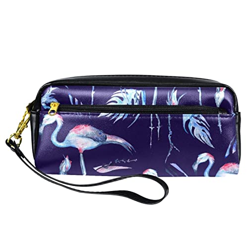 PU-Federmäppchen Stifttasche Student Schreibwaren Tasche mit Reißverschluss für Jungen Mädchen, Schul- und Bürobedarf – Flamingo Tropische Blätter Blumen Blau Aquarell, multi, 20.5x5x8.5cm/8.1x2x3.3in, Taschen-Organizer von Generic