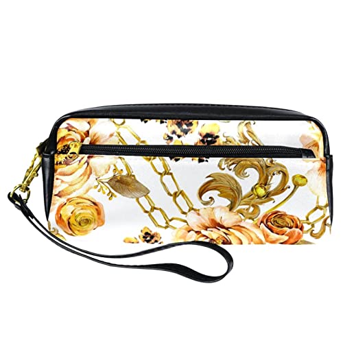 PU Federmäppchen Stifttasche Student Schreibwaren Tasche mit Reißverschluss für Jungen Mädchen, Schul- & Bürobedarf - Goldene Kette Rose und Leopard Print, multi, 20.5x5x8.5cm/8.1x2x3.3in, Taschen-Organizer von Generic