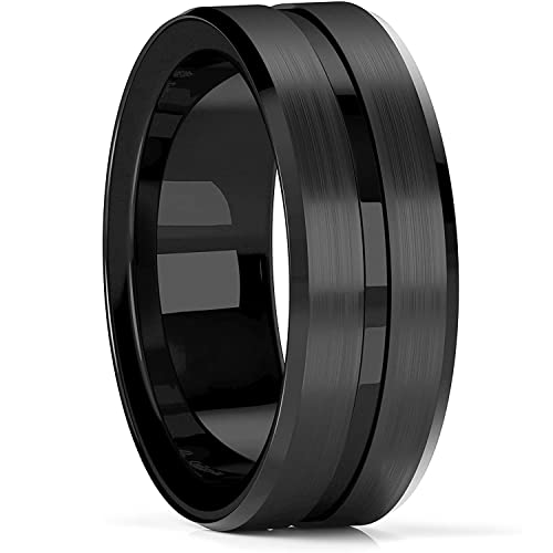 PULABO Mode 8mm Herren Schwarz Wolfram Ehering Ringe Schwarz Groove Abgeschrägter Rand Verlobungsring Herren Valentinsgrußgeschenk langlebig von Generic
