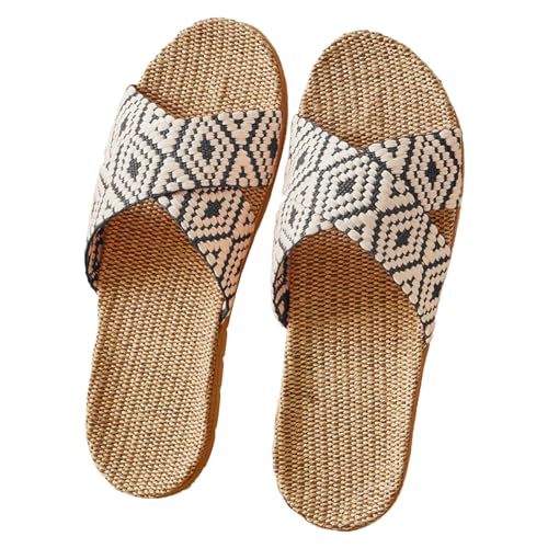 Paar Retro Farbblockierdruck Strand Draußen Tragen Zu Hause Baumwolle Leinen Große Größe Rutschfeste Vier Jahreszeiten Sandalen Hausschuhe Karree Schuhe Damen von Generic