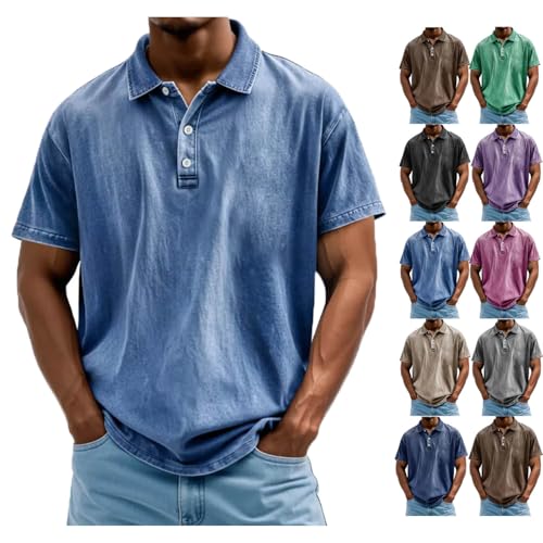Pacificozy Men's Shirts, Mokaloha Mens Shirts, Vintage Washed Distressed Cotton Lapel Polo Shirt Short Sleeve Button up Tops (Blue,L) von Generic