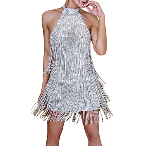 Pailettenkleider Für Damen Kleider Hängender Hals Unregelmäßig ärmellose Kleid Fransen Langkleid Ballkleid Paillettenkleid Abendkleid Club Glitzer Minikleid Cocktailkleid (Silber,M) von Generic