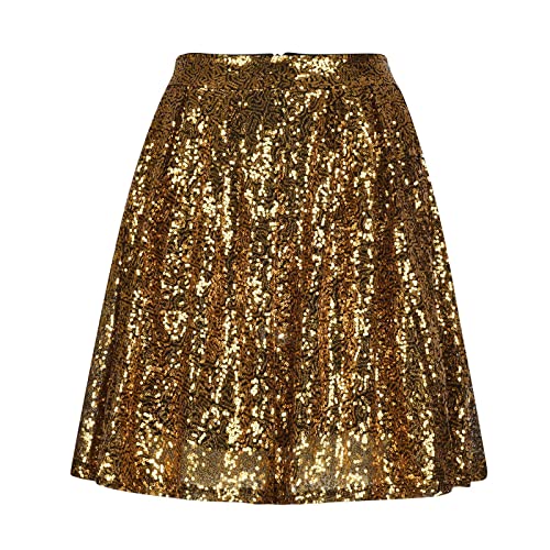 Pailettenrock Damen Pailletten Rock Goldener Glitzer Kurz Rock Shiny Plisseerock Carnival Kostüm Party Faltenrock Hohe Taille Minirock Glocken Rock von Generic