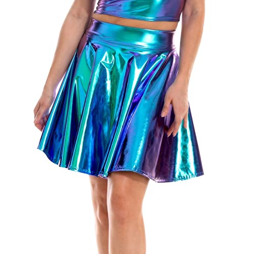 Pailettenrock FüR Damen Metallischer Glänzender Rock Ausgestellter Faltenrock Taille Lederröcke Faltenrock Mädchen Skater Faltenrock Mini Rock Glitzer Rock Karneval Kostüm Silber Gold (Sky Blue-b, XL) von Generic