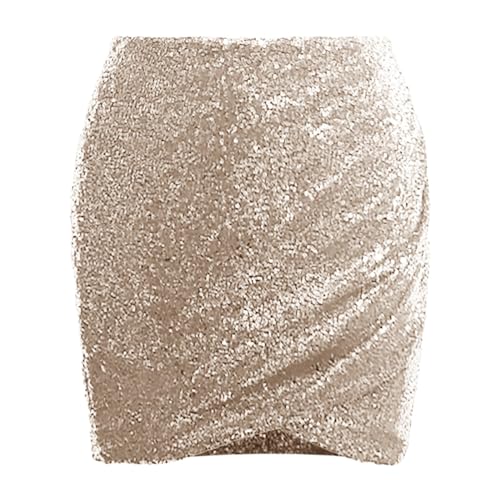 Pailettenrock Für Damen Glitzer Rock Damen Minirock Bleistiftrock Party Bodycon Short Sequin Skirt Taille Party Rave Outfit Pailetten Rock für Damen Silvester Sexy Minirock Hippe (A-Beige, S) von Generic