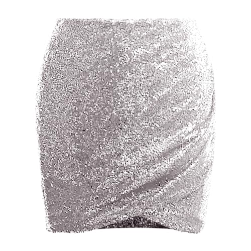 Pailettenrock Für Damen Glitzer Rock Damen Minirock Bleistiftrock Party Bodycon Short Sequin Skirt Taille Party Rave Outfit Pailetten Rock für Damen Silvester Sexy Minirock Hippe (A-Silver, S) von Generic