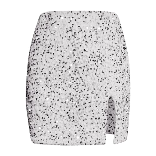 Pailettenrock Für Damen Glitzer Rock Damen Minirock Bleistiftrock Party Bodycon Short Sequin Skirt Taille Party Rave Outfit Pailetten Rock für Damen Silvester Sexy Minirock Hippe (C-Silver, M) von Generic