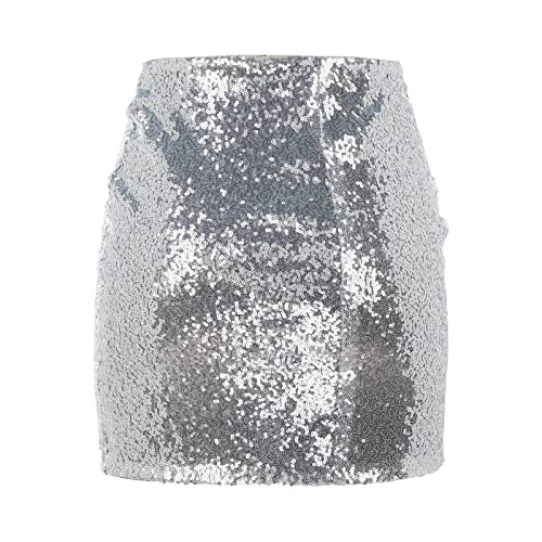 Pailettenrock Für Damen Glitzer Rock Damen Minirock Bleistiftrock Party Bodycon Short Sequin Skirt Taille Party Rave Outfit Pailetten Rock für Damen Silvester Sexy Minirock Hippe (D-Silver, L) von Generic