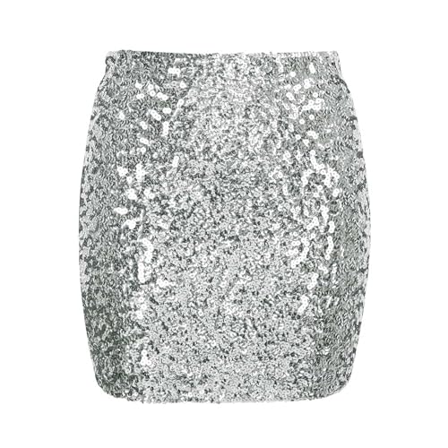 Pailettenrock Für Damen Glitzer Rock Damen Minirock Bleistiftrock Party Bodycon Short Sequin Skirt Taille Party Rave Outfit Pailetten Rock für Damen Silvester Sexy Minirock Hippe (E-Silver, M) von Generic