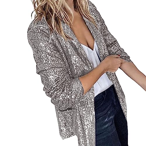 Pailletten-Abendjacke Damen Festlich Silber: Cardigan Damen Lang Elegant Longblazerlangarm Glitzer Jacke Party Club Mantel Casual Mode Bomberjacke Leicht Strickjacke Bluse/Sakko/Blazer/Oberteile von Generic