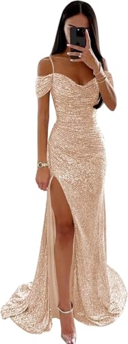 Pailletten Ballkleider für Frauen schulterfrei Lange Meerjungfrau Brautjungfernkleider Formelles Abendkleid Party mit Schlitz Rose Gold S Pailletten Ballkleider für Frauen schulterfrei Lange Meerjungfrau Brautjungfernkleider Formelles Abendkleid Party mit Schlitz Rose Gold S von Generic