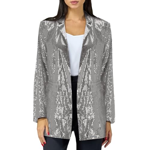 Pailletten Blazer Damen Silber - Blazer Jacke Damen Elegant Lang - Paillettenbesetzter Blazer Mit Revers Doppelten Seitentaschen Mantel Schimmer Jacke Lässig Langarm Glitzer Party Club Blazer Jacke von Generic