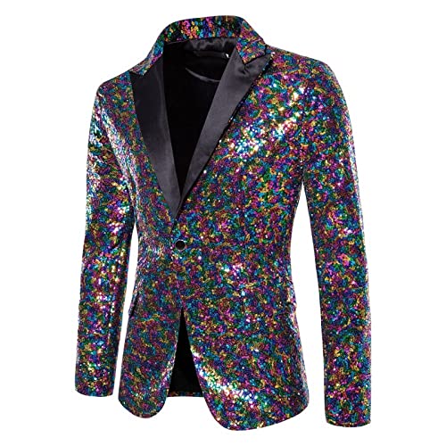 Pailletten Blazer Herren Disco Glitzer Outfit Herren Shiny Anzug Sakko Pailletten Anzugjacke Slim Fit Herrenmode Jacket Outerwear Reverskragen Smokingjacke Party Club Karneval Kostüm von Generic