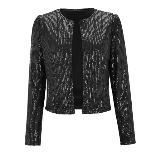Pailletten Blazer Silber - Kurzblazer Damen Festlich, Langarm Glänzend-Jacke Kurzjacke Mantel Blazer Mode Jacke Glitzer Leichte Anzug Party Anzugjacke Offene Front Übergangsjacke Cardigan Jacket von Generic