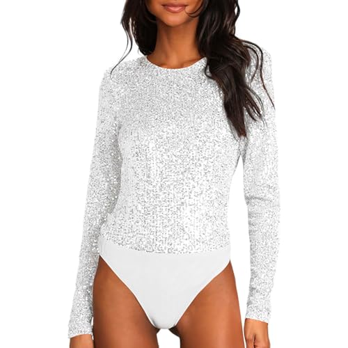 Pailletten Body Damen Elegant Elegant Silvester Langarmbody Blusenbody Lang Stretch Long Sleeve Body Bodysuit Party Langarm Stringbody Tops Karneval Kostüm Bodysuit Tanz-Body Shapewear (Silver, L) von Generic
