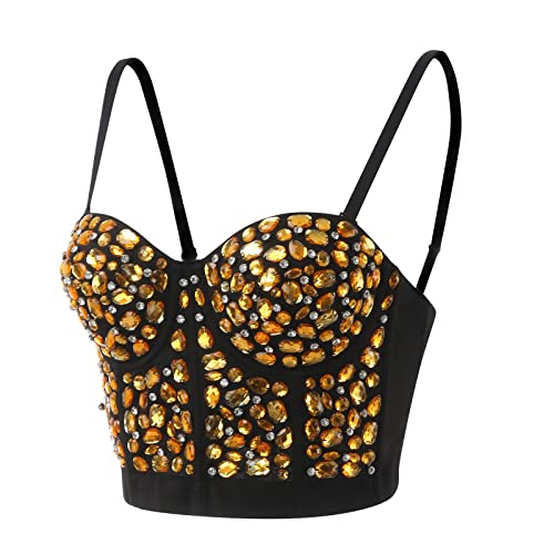 Pailletten Bustier Crop Top Damen Push-up BH Glitzer Korsett Top Pailletten Diamanten Korsagen Bustier Perlen Corsage Clubwear Dessous Tank Tops Glitzernde Korsett BH Party Rave Outfits (X1-Gold, XL) von Generic
