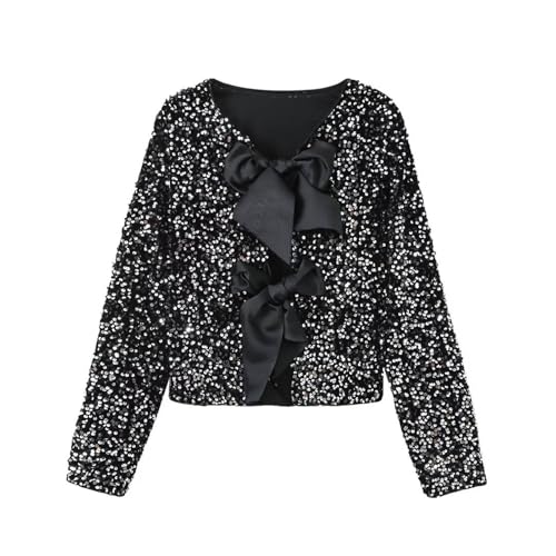 Pailletten Damen Bolero Glitzer Jacke Damen Festliche Bolerojacke mit Schleifen Vorne Offen Cardigan Langarm Cropped Strickjacke Y2k Paillettenjacke Cocktail Party Bolero zum Abendkleid von Generic
