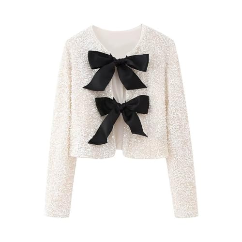 Pailletten Damen Bolero Glitzer Jacke Damen Festliche Bolerojacke mit Schleifen Vorne Offen Cardigan Langarm Cropped Strickjacke Y2k Paillettenjacke Cocktail Party Bolero zum Abendkleid von Generic