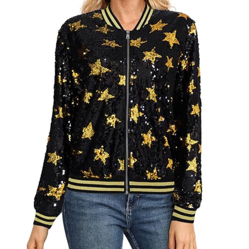 Pailletten Jacke Damen Glitzer Pailletten Fransenjacke Jacke Langarm Bomberjacke Disco Thema Country Konzert Rave Festival Outfits für Damen Reißverschluss Fliegenjacke Bikerjacke (Z11-Gold, M) von Generic