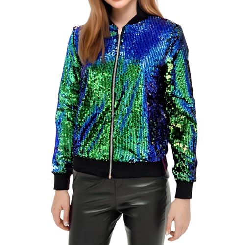 Pailletten Jacke Damen Glitzer Pailletten Fransenjacke Jacke Langarm Bomberjacke Disco Thema Country Konzert Rave Festival Outfits für Damen Reißverschluss Fliegenjacke Bikerjacke (Z12-Green, XL) von Generic