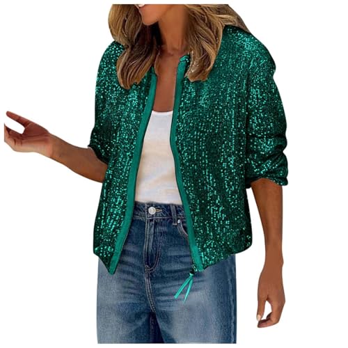 Pailletten Jacke Damen Glitzer Pailletten Fransenjacke Jacke Langarm Bomberjacke Disco Thema Country Konzert Rave Festival Outfits für Damen Reißverschluss Fliegenjacke Bikerjacke (Z8-Green, L) von Generic