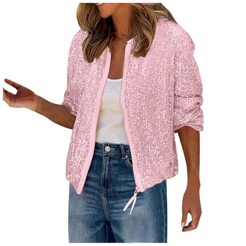 Pailletten Jacke Damen Glitzer Pailletten Fransenjacke Jacke Langarm Bomberjacke Disco Thema Country Konzert Rave Festival Outfits für Damen Reißverschluss Fliegenjacke Bikerjacke Outwear (S) von Generic
