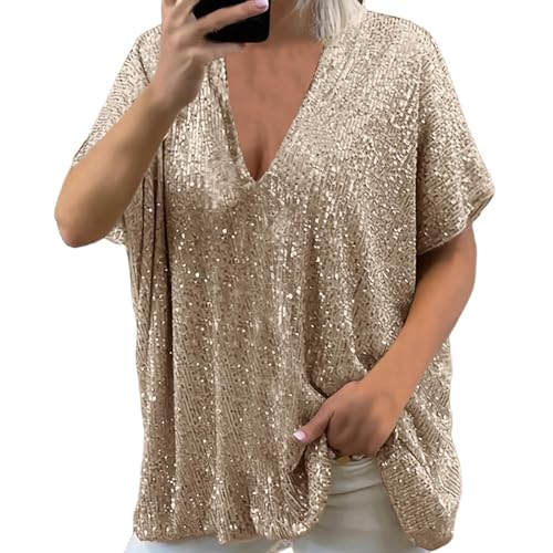 Pailletten Oberteil Damen Elegant Tops Glitzer Kurzarm Sparkle T-Shirt Party Weihnachten Shirt V-Ausschbitt Lose Oversize Casual Oberteile Pailletten-Top Karneval Kostüm Tunika Bluse von Generic