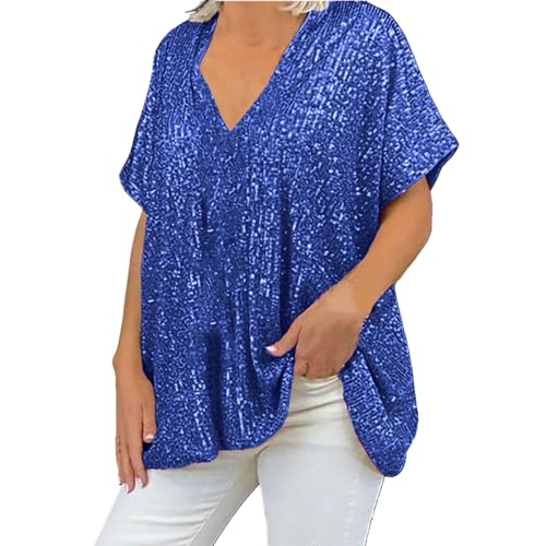 Pailletten Oberteil Damen V-Ausschnitt Glitzer Shirt Große Größen Kurzarm Bluse Shirts Pullover Schön Glänzend Longshirt Casual Elegante Festlich Mode Glitzertop Pailletten Bluse Casual Party Tunika von Generic