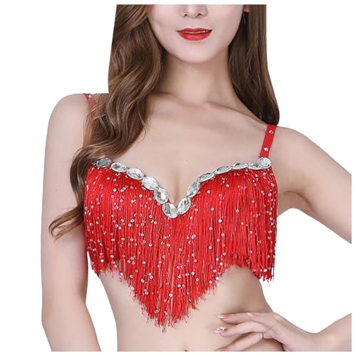 Pailletten Quasten Top Bauchtanz Crop Top Karneval Kostüme BH Top Party Tank Top Rave Outfit Frauen Glitzer Pailletten Oberteil Fransen Rückenfrei BH Festival Top Outfit Bauchtanz Oberteil Kostüm von Generic